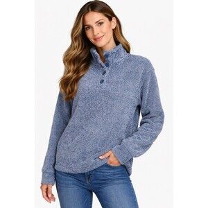 Eddie Bauer Women’s L Blue Fleece Pullover Mock Neck Button Cozy Sweater